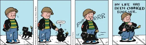 A bedraggled black cat approaches Sluggo and sniffs his hand. Then it rubs up against his ankles and purrs loudly. Sluggo holds the cat, petting it, and thinks, "My life has been changed forever."