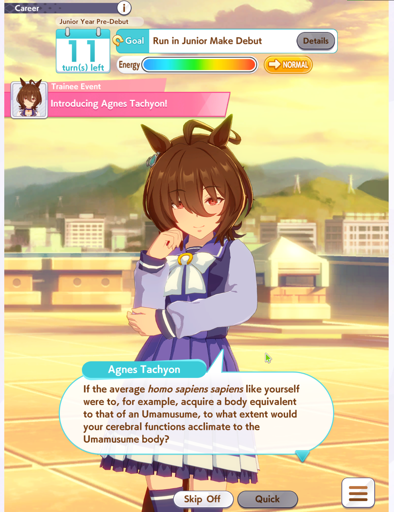 Screenshot from Umamusume pretty derby, showing evil, intimidating, and autistic horse, Agnes Tachyon
